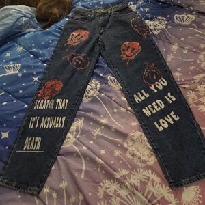 Wrangler Blues Graphic Jeans Smiley Face Roses Death Quote Y2K Wide Leg 8x30